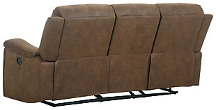 Inspired by penthouse living, the Marwood sofa in brown upholstery is high-end design made comfortably affordable. Striking a pose with a clean, boxy profile softened by bustle back styling, this sumptuous seat sports hidden cup holders for an ultra-modern twist.Dual-sided recliner; middle seat remains stationary | Brown upholstery | Pop-out cup holder | Pull tab reclining motion | Estimated Assembly Time: 15 Minutes