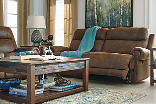 The Austere reclining sofa lives up to its name—if we’re talking sparing that "puffy" look you might expect from a recliner. When it comes to contemporary style, it doesn't hold back. Subtle touches such as sporty jumbo stitching, nailhead trim and a "weather worn" effect on the upholstery give this handsome piece a buttoned-up appeal and fresh feel.Dual-sided recliner | Pull tab reclining motion | Corner-blocked frame with metal reinforced seat | Attached back and seat cushions | High-resiliency foam cushions wrapped in thick poly fiber | Polyester/polyurethane upholstery | Nailhead trim with antiqued goldtone finish | Excluded from promotional discounts and coupons