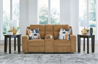 Kanlow Reclining Loveseat with Console, Honey, rollover