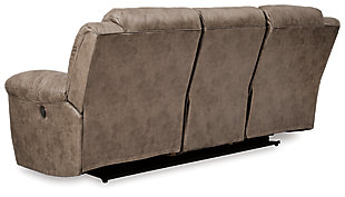 For those that love the cool look of leather but long for the warm feel of fabric, the Stoneland power reclining sofa delivers both with ease. Its high-performance padded faux leather is remarkably durable and easy to clean, just the thing for family spaces. When it’s time to relax, the one-touch power control puts the perfect position at your fingertips. Channel-stitched back cushions provide indulgent lumbar support for maximum seating comfort—not to mention fashion-forward flair.Dual-sided recliner; middle seat remains stationary | Corner-blocked frame with metal reinforced seats | One-touch power control with adjustable positions | Attached cushions | High-resiliency foam cushions wrapped in thick poly fiber | Polyester/polyurethane (faux leather) upholstery | Power cord included; UL Listed | Estimated Assembly Time: 15 Minutes