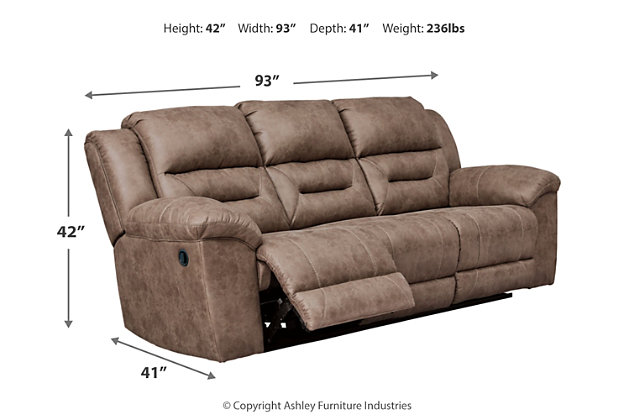 For those that love the cool look of leather but long for the warm feel of fabric, the Stoneland reclining sofa delivers both with ease. Its high-performance padded faux leather is remarkably durable and easy to clean, just the thing for family spaces. Channel-stitched back cushions provide indulgent lumbar support for maximum comfort—not to mention fashion-forward flair.Dual-sided recliner; middle seat remains stationary | Corner-blocked frame with metal reinforced seats | Tab pull reclining motion | Attached cushions | High-resiliency foam cushions wrapped in thick poly fiber | Polyester/polyurethane (faux leather) upholstery | Estimated Assembly Time: 15 Minutes