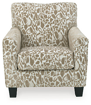 Whether your style is contemporary, modern farmhouse or eclectic, the Dovemont accent chair is sure to look right at home. Getting just a touch wild with a subtle cheetah pattern upholstery that’s so spot on, this distinctive chair is fun, sophisticated and just your speed.Corner-blocked frame | Attached back and loose seat cushions | High-resiliency foam cushions wrapped in thick poly fiber | Polyester/acrylic upholstery | Tapered accent leg
