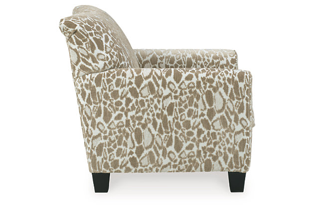 Whether your style is contemporary, modern farmhouse or eclectic, the Dovemont accent chair is sure to look right at home. Getting just a touch wild with a subtle cheetah pattern upholstery that’s so spot on, this distinctive chair is fun, sophisticated and just your speed.Corner-blocked frame | Attached back and loose seat cushions | High-resiliency foam cushions wrapped in thick poly fiber | Polyester/acrylic upholstery | Tapered accent leg
