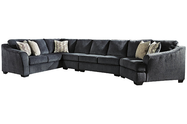 Create your very own cozy corner of the world with the Eltmann sectional in slate gray. Uniquely chic components, including an angled cuddler and sofa with corner wedge, redefine how warm and enticing large-scale furniture can be. Wrapped in a plush and textural chenille fabric, this gorgeous gray sectional is richly tailored with sloped, flared arms that enhance the inviting feel and contemporary appeal. Includes 4 pieces: left-arm facing sofa with corner wedge, armless chair, armless loveseat and right-arm facing cuddler | "Left-arm" and "right-arm" describe the position of the arm when you face the piece | Corner-blocked frame | Attached back and loose seat cushions | High-resiliency foam cushions wrapped in thick poly fiber | 5 accent pillows included | Pillows with soft polyfill | Polyester upholstery and pillows | Exposed feet with faux wood finish | Estimated Assembly Time: 15 Minutes