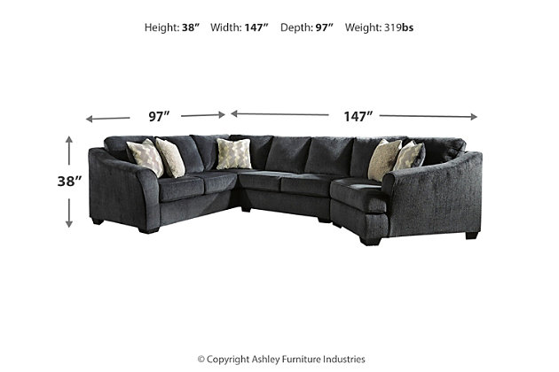 Create your very own cozy corner of the world with the Eltmann sectional in slate gray. Uniquely chic components, including an angled cuddler and sofa with corner wedge, redefine how warm and enticing large-scale furniture can be. Wrapped in a plush and textural chenille fabric, this gorgeous gray sectional is richly tailored with sloped, flared arms that enhance the inviting feel and contemporary appeal. Includes 3 pieces: left-arm facing sofa with corner wedge, armless loveseat and right-arm facing cuddler | "Left-arm" and "right-arm" describe the position of the arm when you face the piece | Corner-blocked frame | Attached back and loose seat cushions | High-resiliency foam cushions wrapped in thick poly fiber | 5 accent pillows included | Pillows with soft polyfill | Polyester upholstery and pillows | Exposed feet with faux wood finish | Estimated Assembly Time: 10 Minutes