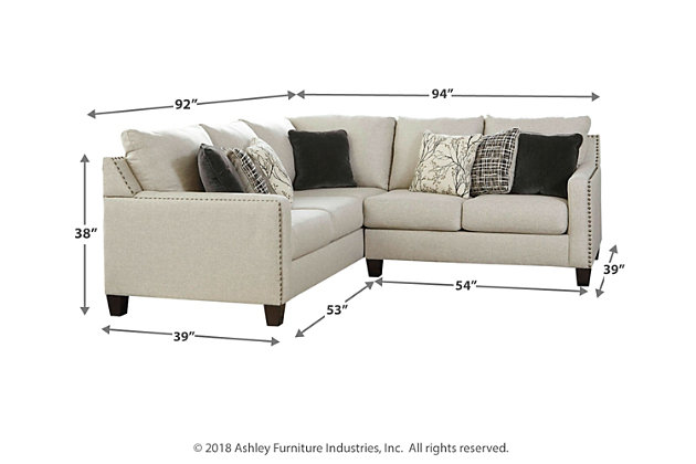 The forecast calls for high-style living. Sporting a fog-hued, tweed-weave fabric in a light and lovely shade of gray, the Hallenburg sectional is sure to lift your spirits and elevate your style. The sectional’s clean-lined profile and crisp, track arms are punctuated with black nickel-tone nailhead trim that adds so much panache. Seven heavenly toss pillows showcase the beauty of black all the more.Includes 2 pieces: left-arm facing sofa with corner wedge and right-arm loveseat | "Left-arm" and "right-arm" describe the position of the arm when you face the piece | Corner-blocked frame | Attached back and loose seat cushions | High-resiliency foam cushions wrapped in thick poly fiber | 7 accent pillows included | Pillows with soft polyfill | Polyester upholstery and pillows | Nailhead trim | Exposed feet with faux wood finish | Estimated Assembly Time: 35 Minutes