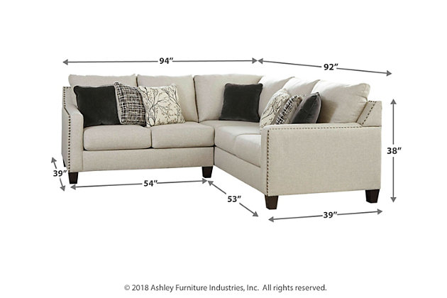 The forecast calls for high-style living. Sporting a fog-hued, tweed-weave fabric in a light and lovely shade of gray, the Hallenburg sectional is sure to lift your spirits and elevate your style. The sectional’s clean-lined profile and crisp, track arms are punctuated with black nickel-tone nailhead trim that adds so much panache. Seven heavenly toss pillows showcase the beauty of black all the more.Includes 2 pieces: right-arm facing sofa with corner wedge and left-arm facing loveseat | "Left-arm" and "right-arm" describe the position of the arm when you face the piece | Corner-blocked frame | Attached back and loose seat cushions | High-resiliency foam cushions wrapped in thick poly fiber | 7 accent pillows included | Pillows with soft polyfill | Polyester upholstery and pillows | Nailhead trim | Exposed feet with faux wood finish | Estimated Assembly Time: 35 Minutes