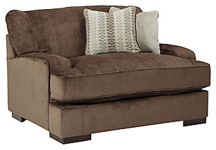Haven’t you waited long enough? It’s time for the ultimate merger of clean, contemporary design and over-the-top comfort. Fielding oversized chair's ultra-deep seat and ottoman invites you to sink into a truly sumptuous experience. Rich, intricate weave gives the earth-hued upholstery so much great texture and interest. To sack out in such high style with room enough for two...what a dream come true.Reversible UltraPlush seat cushion remains loftier longer | Corner-blocked frame | 2 layers of cushioned comfort: high-density foam core encased in thick polyfill | 2 decorative pillows included | Pillows with feather inserts; zippered access | Polyester upholstery and pillows | Exposed feet with faux wood finish