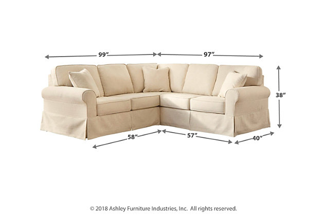 A fresh choice for modern farmhouse styling, the 2-piece Shermyla sectional is sure to make your home on the grange that much more warm and welcoming. Cream-colored upholstery, flirty skirt tailoring and reversible cushions enhance the easy-breezy aesthetic.Includes 2 pieces: right-arm facing sofa with corner wedge and left-arm facing loveseat | "Left-arm" and "right-arm" describe the position of the arm when you face the piece | Corner-blocked frame | Reversible cushions | High-resiliency foam cushions wrapped in thick poly fiber | 3 accent pillows included | Pillows with soft polyfill | Polyester upholstery and pillows | Fabric skirt over faux wood finished feet | Excluded from promotional discounts and coupons | Estimated Assembly Time: 5 Minutes