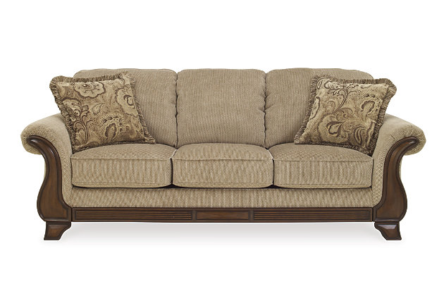 The Lanett queen sofa sleeper is dressed to impress with the grace of traditional design, upgraded with sumptuous modern comfort. Plush and supportive cushions that fully wrap around the armrests are such a treat, as is the oversized pillow back. Luxe upholstery is pure indulgence. Pull-out queen-size memory foam mattress accommodates overnight guests.Corner-blocked frame | Attached back and loose seat cushions | High-resiliency foam cushions wrapped in thick poly fiber | 2 decorative pillows included | Pillows with soft polyfill | Faux wood trim detail on arms and front rail | Exposed feet with faux wood finish | Included bi-fold queen memory foam mattress sits atop a supportive metal frame