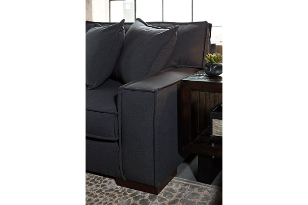 Elevate your comfort level in a city-chic way with the Gamaliel 2-piece sectional. Distinctive elements include a sultry charcoal-hued upholstery, low-track arms and prominent pie-crust welting that punctuates the sectional’s crisp, linear profile. And for your added pleasure: wonderfully supportive UltraPlush seat cushioning, pampering back pillows and indulgent feather-filled toss pillows with a hint of metallic sheen.Includes 2 pieces: right-arm facing sofa and left-arm facing corner chaise | "Left-arm" and "right-arm" describe the position of the arm when you face the piece | Corner-blocked frame | Loose back and seat cushions | Reversible UltraPlush cushions remain loftier longer | 2 layers of cushioned comfort: high-density foam core encased in thick polyfill | 4 toss pillows included | Pillows with soft feather fill inserts | Polyester upholstery and pillows | Exposed legs with faux wood finish | Estimated Assembly Time: 5 Minutes