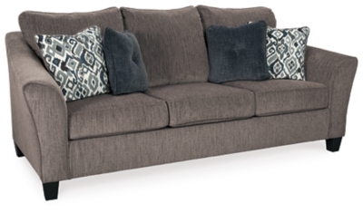 The Nemoli queen sofa sleeper sets the scene for a modern space full of casual flair. Its textured chenille with solid microfiber upholstery provides a luxuriously soft feel that’s inviting. Gently flared arms and plush seat cushions welcome comfort and relaxation. The on-trend slate-colored upholstery offers a perfect background for the four decorative pillows to pop with beauty. Pull-out queen mattress in quality memory foam comfortably accommodates overnight guests.Polyester/textured chenille with solid microfiber upholstery | High-resiliency foam cushions wrapped in thick poly fiber | Corner-blocked frame | Exposed tapered feet | Loose back and seat cushions; non-reversible | Included bi-fold queen memory foam mattress sits atop a supportive steel frame | Memory foam provides better airflow for a cooler night’s sleep | Includes 2 button-tufted pillows and 2 accent pillows made of polyester fabric