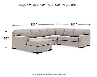 Clean, contemporary style is so easy to love. And it just got a whole lot easier with the Ashlor sectional in slate gray. That’s because the rich, woolen-like upholstery—inspired by tailored menswear—is made of high-performing Nuvella® fabric. Fade-resistant, stain-resistant and a breeze to clean, Nuvella is so fantastic it’s used on outdoor furniture. Relax. It’s also indulgently soft, making it a wonderfully welcome addition to indoor living spaces, too.Includes 4 pieces: right-arm corner chaise, armless loveseat, left-arm facing loveseat and wedge | "Left-arm" and "right-arm" describe the position of the arm when you face the piece | Corner-blocked frame | Loose back and seat cushions | High-resiliency foam cushions wrapped in thick poly fiber | Stain- and abrasion-resistant Nuvella® (polyester) upholstery | Clean fabric with mild soap and water, let air dry; for stubborn stains, use a solution of 1 cup bleach to 1 gallon water | Exposed feet with faux wood finish | Estimated Assembly Time: 15 Minutes