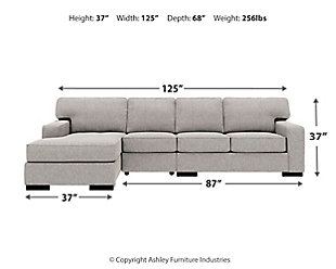 Clean, contemporary style is so easy to love. And it just got a whole lot easier with the Ashlor sectional in slate gray. That’s because the rich, woolen-like upholstery—inspired by tailored menswear—is made of high-performing Nuvella™ fabric. Fade-resistant, stain-resistant and a breeze to clean, Nuvella is so fantastic it’s used on outdoor furniture. Relax. It’s also indulgently soft, making it a wonderfully welcome addition to indoor living spaces, too.Includes 3 pieces: left-arm corner chaise, armless chair and right-arm facing loveseat | "Left-arm" and "right-arm" describe the position of the arm when you face the piece | Corner-blocked frame | Loose back and seat cushions | High-resiliency foam cushions wrapped in thick poly fiber | Stain- and abrasion-resistant Nuvella® (polyester) upholstery | Clean fabric with mild soap and water, let air dry; for stubborn stains, use a solution of 1 cup bleach to 1 gallon water | Exposed feet with faux wood finish | Estimated Assembly Time: 10 Minutes