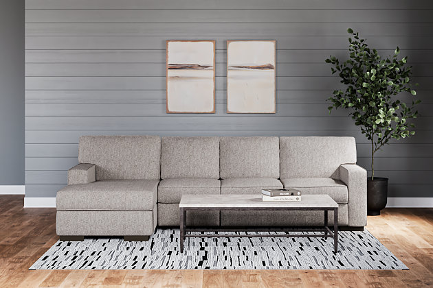 Clean, contemporary style is so easy to love. And it just got a whole lot easier with the Ashlor sectional in slate gray. That’s because the rich, woolen-like upholstery—inspired by tailored menswear—is made of high-performing Nuvella™ fabric. Fade-resistant, stain-resistant and a breeze to clean, Nuvella is so fantastic it’s used on outdoor furniture. Relax. It’s also indulgently soft, making it a wonderfully welcome addition to indoor living spaces, too.Includes 3 pieces: left-arm corner chaise, armless chair and right-arm facing loveseat | "Left-arm" and "right-arm" describes the position of the arm when you face the piece | Corner-blocked frame | Loose back and seat cushions | High-resiliency foam cushions wrapped in thick poly fiber | Stain- and abrasion-resistant Nuvella® (polyester) upholstery | Clean fabric with mild soap and water, let air dry; for stubborn stains, use a solution of 1 cup bleach to 1 gallon water | Exposed feet with faux wood finish | Estimated Assembly Time: 10 Minutes