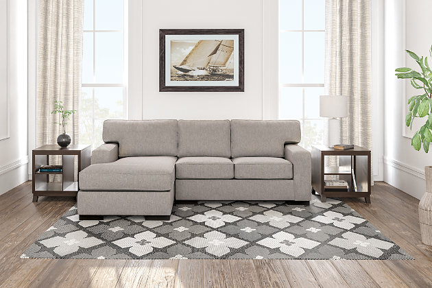 Clean, contemporary style is so easy to love. And it just got a whole lot easier with the Ashlor sectional in slate gray. That’s because the rich, woolen-like upholstery—inspired by tailored menswear—is made of high-performing Nuvella® fabric. Fade-resistant, stain-resistant and a breeze to clean, Nuvella is so fantastic it’s used on outdoor furniture. Relax. It’s also indulgently soft, making it a wonderfully welcome addition to indoor living spaces, too.Includes 2 pieces: left-arm corner chaise and right-arm facing loveseat | "Left-arm" and "right-arm" describes the position of the arm when you face the piece | Corner-blocked frame | Loose back and seat cushions | High-resiliency foam cushions wrapped in thick poly fiber | Stain- and abrasion-resistant Nuvella® (polyester) upholstery | Clean fabric with mild soap and water, let air dry; for stubborn stains, use a solution of 1 cup bleach to 1 gallon water | Exposed feet with faux wood finish | Estimated Assembly Time: 5 Minutes