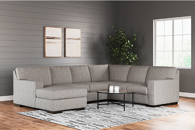 Clean, contemporary style is so easy to love. And it just got a whole lot easier with the Ashlor sleeper sectional in slate gray. That’s because the rich, woolen-like upholstery—inspired by tailored menswear—is made of high-performing Nuvella® fabric. Fade-resistant, stain-resistant and a breeze to clean, Nuvella is so fantastic it’s used on outdoor furniture. It’s also indulgently soft, making it a wonderfully welcome addition to indoor living spaces, too. Made of quality memory foam, the full pull-out mattress comfortably accommodates overnight guests.Includes 4 pieces: left-arm facing corner chaise, right-arm facing loveseat, armless sofa sleeper and wedge | "Left-arm" and "right-arm" describes the position of the arm when you face the piece | Corner-blocked frame | Loose cushions | High-resiliency foam cushions wrapped in thick poly fiber | Stain- and abrasion-resistant Nuvella® (polyester) upholstery | Clean fabric with mild soap and water, let air dry; for stubborn stains, use a solution of 1 cup bleach to 1 gallon water | Exposed feet with faux wood finish | Included bi-fold full memory foam mattress sits atop a supportive steel frame | Memory foam provides better airflow for a cooler night’s sleep | Memory foam encased in damask ticking | Estimated Assembly Time: 15 Minutes