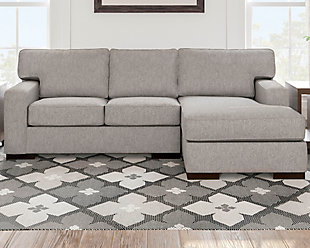 Clean, contemporary style is so easy to love. And it just got a whole lot easier with the Ashlor sectional in slate gray. That’s because the rich, woolen-like upholstery—inspired by tailored menswear—is made of high-performing Nuvella® fabric. Fade-resistant, stain-resistant and a breeze to clean, Nuvella is so fantastic it’s used on outdoor furniture. Relax. It’s also indulgently soft, making it a wonderfully welcome addition to indoor living spaces, too.Includes 2 pieces: right-arm corner chaise and left-arm facing loveseat | "Left-arm" and "right-arm" describes the position of the arm when you face the piece | Corner-blocked frame | Loose back and seat cushions | High-resiliency foam cushions wrapped in thick poly fiber | Stain- and abrasion-resistant Nuvella® (polyester) upholstery | Clean fabric with mild soap and water, let air dry; for stubborn stains, use a solution of 1 cup bleach to 1 gallon water | Exposed feet with faux wood finish | Estimated Assembly Time: 5 Minutes