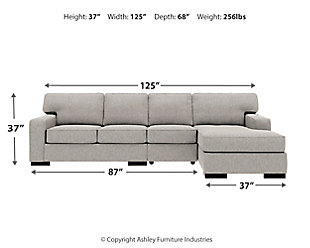 Clean, contemporary style is so easy to love. And it just got a whole lot easier with the Ashlor sectional in slate gray. That’s because the rich, woolen-like upholstery—inspired by tailored menswear—is made of high-performing Nuvella™ fabric. Fade-resistant, stain-resistant and a breeze to clean, Nuvella is so fantastic it’s used on outdoor furniture. Relax. It’s also indulgently soft, making it a wonderfully welcome addition to indoor living spaces, too.Includes 3 pieces: right-arm corner chaise, armless chair and left-arm facing loveseat | "Left-arm" and "right-arm" describes the position of the arm when you face the piece | Corner-blocked frame | Loose back and seat cushions | High-resiliency foam cushions wrapped in thick poly fiber | Stain- and abrasion-resistant Nuvella® (polyester) upholstery | Clean fabric with mild soap and water, let air dry; for stubborn stains, use a solution of 1 cup bleach to 1 gallon water | Exposed feet with faux wood finish | Estimated Assembly Time: 10 Minutes