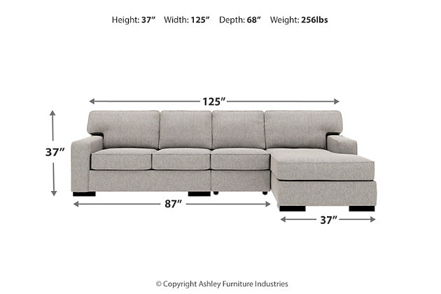 Clean, contemporary style is so easy to love. And it just got a whole lot easier with the Ashlor sectional in slate gray. That’s because the rich, woolen-like upholstery—inspired by tailored menswear—is made of high-performing Nuvella™ fabric. Fade-resistant, stain-resistant and a breeze to clean, Nuvella is so fantastic it’s used on outdoor furniture. Relax. It’s also indulgently soft, making it a wonderfully welcome addition to indoor living spaces, too.Includes 3 pieces: right-arm corner chaise, armless chair and left-arm facing loveseat | "Left-arm" and "right-arm" describes the position of the arm when you face the piece | Corner-blocked frame | Loose back and seat cushions | High-resiliency foam cushions wrapped in thick poly fiber | Stain- and abrasion-resistant Nuvella® (polyester) upholstery | Clean fabric with mild soap and water, let air dry; for stubborn stains, use a solution of 1 cup bleach to 1 gallon water | Exposed feet with faux wood finish | Estimated Assembly Time: 10 Minutes