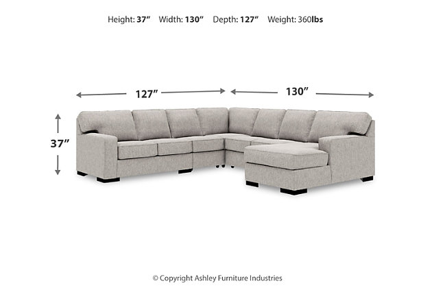 Clean, contemporary style is so easy to love. And it just got a whole lot easier with the Ashlor sectional in slate gray. That’s because the rich, woolen-like upholstery—inspired by tailored menswear—is made of high-performing Nuvella® fabric. Fade-resistant, stain-resistant and a breeze to clean, Nuvella is so fantastic it’s used on outdoor furniture. Relax. It’s also indulgently soft, making it a wonderfully welcome addition to indoor living spaces, too.Includes 5 pieces: right-arm corner chaise, armless loveseat, armless chair, left-arm facing loveseat and wedge | "Left-arm" and "right-arm" describes the position of the arm when you face the piece | Corner-blocked frame | Loose back and seat cushions | High-resiliency foam cushions wrapped in thick poly fiber | Stain- and abrasion-resistant Nuvella® (polyester) upholstery | Clean fabric with mild soap and water, let air dry; for stubborn stains, use a solution of 1 cup bleach to 1 gallon water | Exposed feet with faux wood finish | Estimated Assembly Time: 20 Minutes