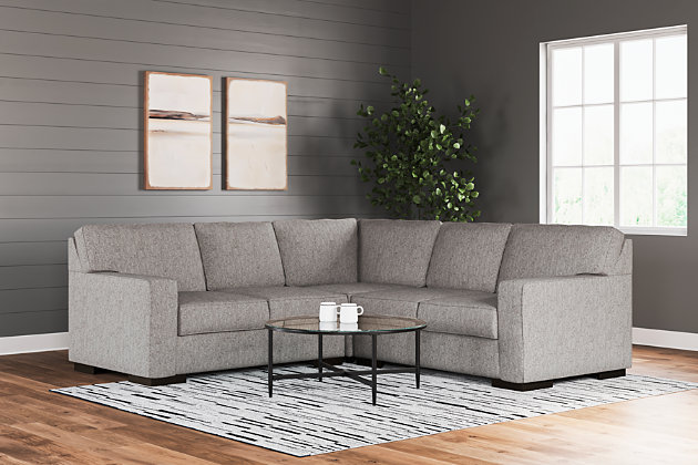 Clean, contemporary style is so easy to love. And it just got a whole lot easier with the Ashlor sectional in slate gray. That’s because the rich, woolen-like upholstery—inspired by tailored menswear—is made of high-performing Nuvella® fabric. Fade-resistant, stain-resistant and a breeze to clean, Nuvella is so fantastic it’s used on outdoor furniture. Relax. It’s also indulgently soft, making it a wonderfully welcome addition to indoor living spaces, too.Includes 3 pieces: left-arm facing loveseat, right-arm facing loveseat and wedge | "Left-arm" and "right-arm" describes the position of the arm when you face the piece | Corner-blocked frame | Loose back cushions; reversible seat cushions | High-resiliency foam cushions wrapped in thick poly fiber | Stain- and abrasion-resistant Nuvella® (polyester) upholstery | Clean fabric with mild soap and water, let air dry; for stubborn stains, use a solution of 1 cup bleach to 1 gallon water | Exposed feet with faux wood finish | Estimated Assembly Time: 10 Minutes