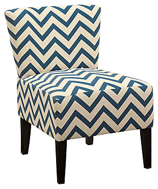 The classic Chevron pattern is making quite a buzz in the fashion world. We couldn’t help but see it adorned on an accent chair. The texture and vibrancy it incorporates into a space can’t be denied. Palette is delightfully crisp and clean.Assembly required | Polyester upholstery | Legs with faux wood finish | High-resiliency foam seat cushion wrapped in thick poly fiber | Corner-blocked frame | Firmly padded back and seat cushion | Excluded from promotional discounts and coupons