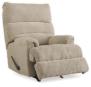 Roll out a cool look for your man cave or femme den with the Man Fort recliner. Waterfall cushioning on the high back is paired with a double-roll footrest for a high-style aesthetic that cradles you in comfort from head to toe. Tweed-weave neutral upholstery is decadently soft and loaded with texture.One pull reclining motion | Gentle rocking motion | 43" high back | Corner-blocked frame with metal reinforced seat | Attached cushions | High-resiliency foam cushions wrapped in thick poly fiber | Polyester upholstery