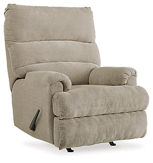 Roll out a cool look for your man cave or femme den with the Man Fort recliner. Waterfall cushioning on the high back is paired with a double-roll footrest for a high-style aesthetic that cradles you in comfort from head to toe. Tweed-weave neutral upholstery is decadently soft and loaded with texture.One pull reclining motion | Gentle rocking motion | 43" high back | Corner-blocked frame with metal reinforced seat | Attached cushions | High-resiliency foam cushions wrapped in thick poly fiber | Polyester upholstery