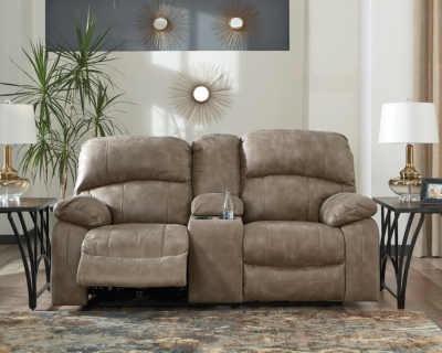 Dunwell Power Reclining Loveseat with Console, Driftwood, rollover