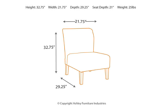 With its sense of softness and subtlety, the Honnally accent chair can slip right into just about any scene. Billowy and beautiful, the designer upholstery pattern is wonderfully easy on the eyes.High-resiliency foam seat cushion wrapped in thick poly fiber | Polyester/rayon upholstery | Firmly padded back and seat cushion | Assembly required | Corner-blocked frame | Legs with faux wood finish | Excluded from promotional discounts and coupons