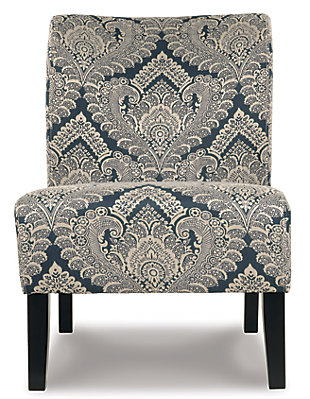 With its sense of softness and subtlety, the Honnally accent chair can slip right into just about any scene. Billowy and beautiful, the designer upholstery pattern is wonderfully easy on the eyes.High-resiliency foam seat cushion wrapped in thick poly fiber | Polyester/rayon upholstery | Firmly padded back and seat cushion | Assembly required | Corner-blocked frame | Legs with faux wood finish | Excluded from promotional discounts and coupons