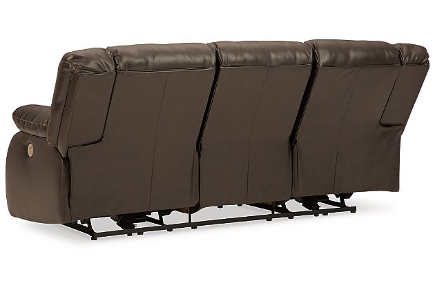 If highly contemporary looks and a heavenly feel sit well with you, rest your eyes on the Denoran reclining power sofa. Decadently soft, the easy-care faux leather upholstery is enriched with jumbo contrast stitching and dramatic cut-and-sew lines for fashion-forward flair. Radius cut arm frame adds cool, curvaceous interest. At your fingertips: one-touch power control with a zero-draw USB plug-in that’s not only convenient but also energy efficient. When it comes to high style at a down-to-earth price, this power reclining sofa really brings it home.Dual-sided recliner; middle seat remains stationary | One-touch power control with adjustable positions and zero-draw USB plug-in | Zero-draw technology only consumes power when the USB receptacle is in use | Vinyl/polyester/polyurethane upholstery | Corner-blocked frame with metal reinforced seat | Attached back and seat cushions | Exaggerated headrest | High-resiliency foam cushions wrapped in thick poly fiber | Power cord included; UL Listed