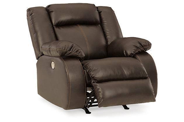 If highly contemporary looks and a heavenly feel sit well with you, rest your eyes on the Burkner power rocker recliner. Decadently soft, the padded faux leather upholstery is enriched with jumbo contrast stitching and dramatic cut-and-sew lines for fashion-forward flair. Radius cut arm frame adds cool, curvaceous interest. At your fingertips: one-touch power control with a zero-draw USB plug-in that’s not only convenient but also energy efficient. When it comes to high style at a down-to-earth price, this power recliner really brings it home.One-touch power control with adjustable positions and zero-draw USB plug-in | Zero-draw technology only consumes power when the USB receptacle is in use | Gentle roc motion | Corner-blocked frame with metal reinforced seat | Attached back and seat cushions | Dual-sided recliner; middle seat remains stationary | Vinyl/polyester/polyurethane upholstery | Exaggerated headrest | High-resiliency foam cushions wrapped in thick poly fiber | Power cord included; UL Listed