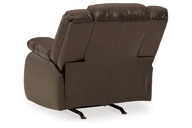 If highly contemporary looks and a heavenly feel sit well with you, rest your eyes on the Burkner power rocker recliner. Decadently soft, the padded faux leather upholstery is enriched with jumbo contrast stitching and dramatic cut-and-sew lines for fashion-forward flair. Radius cut arm frame adds cool, curvaceous interest. At your fingertips: one-touch power control with a zero-draw USB plug-in that’s not only convenient but also energy efficient. When it comes to high style at a down-to-earth price, this power recliner really brings it home.One-touch power control with adjustable positions and zero-draw USB plug-in | Zero-draw technology only consumes power when the USB receptacle is in use | Gentle roc motion | Corner-blocked frame with metal reinforced seat | Attached back and seat cushions | Dual-sided recliner; middle seat remains stationary | Vinyl/polyester/polyurethane upholstery | Exaggerated headrest | High-resiliency foam cushions wrapped in thick poly fiber | Power cord included; UL Listed