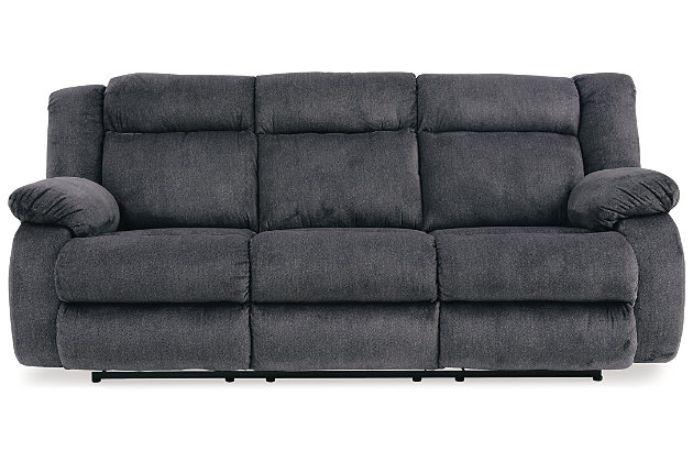If highly contemporary looks and a heavenly feel sit well with you, rest your eyes on the Burkner reclining power sofa. Padded velvet upholstery has a plush high pile that's so soft to the touch. Jumbo contrast stitching adds fashion-forward flair, while radius cut arm frame incorporates cool, curvaceous interest. At your fingertips: one-touch power control with a zero-draw USB plug-in that’s not only convenient but also energy efficient. When it comes to high style at a down-to-earth price, this power reclining sofa really brings it home.Dual-sided recliner; middle seat remains stationary | One-touch power control with adjustable positions and zero-draw USB plug-in | Zero-draw technology only consumes power when the USB receptacle is in use | Velvet polyester upholstery | Corner-blocked frame with metal reinforced seat | Attached back and seat cushions | Exaggerated headrest | High-resiliency foam cushions wrapped in thick poly fiber | Power cord included; UL Listed