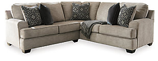 Whether your vision is clean and contemporary or cozy modern farmhouse, the Bovarian sectional in a stone-tone neutral upholstery has the corner on style. Merging ultimate comfort with striking good looks, this chic sectional includes five coordinating accent pillows for that much more feel-good allure.Includes 2 pieces: right-arm facing sofa with corner wedge and left-arm facing loveseat | "Left-arm" and "right-arm" describe the position of the arm when you face the piece | Corner-blocked frame | Attached back and loose seat cushions | High-resiliency foam cushions wrapped in thick poly fiber | Includes 5 accent pillows | Pillows with soft polyfill | Textured polyester chenille upholstery | Polyester; polyester/polypropylene pillows | Exposed feet with faux wood finish | Estimated Assembly Time: 5 Minutes