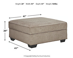 Whether your style is clean and contemporary or cozy modern farmhouse, the Bovarian ottoman in a stone-tone neutral upholstery has the corner on style. Merging ultimate comfort with striking good looks, this alluring ottoman makes itself useful with a hidden storage area for this, that and the other.Firmly cushioned | Corner-blocked frame | High-resiliency foam cushion wrapped in thick poly fiber | Textured polyester chenille upholstery | Storage under removable cushioned top | Exposed feet with faux wood finish