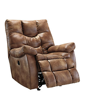 Kick back in the comfort of the Darshmore power rocker recliner. Pillowy cushions surround the entire body as you settle in for a movie or sleep marathon. Plush upholstery is welcoming and easy-care.Gentle rocking motion | One-touch power control with adjustable positions | Corner-blocked frame with metal reinforced seat | Attached back and seat cushions | High-resiliency foam cushions wrapped in thick poly fiber | Polyester/polyurethane upholstery | Power cord included; UL listed | Excluded from promotional discounts and coupons