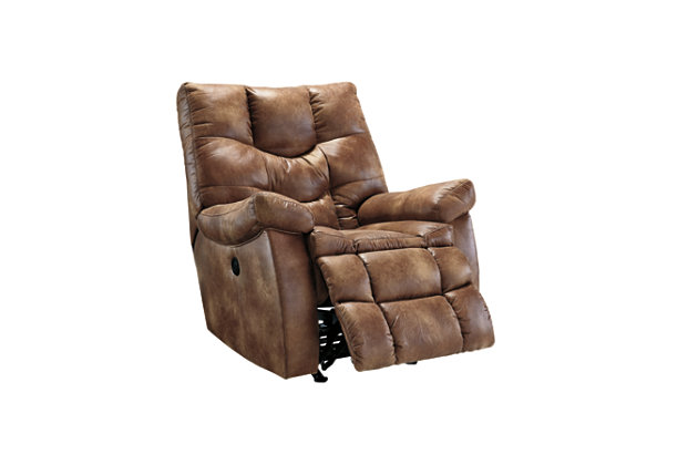 Kick back in the comfort of the Darshmore power rocker recliner. Pillowy cushions surround the entire body as you settle in for a movie or sleep marathon. Plush upholstery is welcoming and easy-care.Gentle rocking motion | One-touch power control with adjustable positions | Corner-blocked frame with metal reinforced seat | Attached back and seat cushions | High-resiliency foam cushions wrapped in thick poly fiber | Polyester/polyurethane upholstery | Power cord included; UL listed | Excluded from promotional discounts and coupons