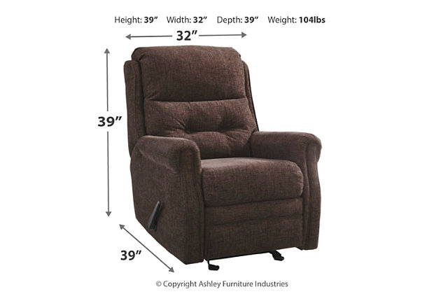 The chenille-textured Penzberg recliner grants you the resting power you deserve. Refined sizing saves space without sacrificing comfort. With just one pull, it reclines to the position of your liking. And talk about style. Gorgeous brown hue is accompanied by slim arms and button tufting on the lumbar cushion.One pull reclining motion | Corner-blocked frame with metal reinforced seat | High-resiliency foam cushion wrapped in thick poly fiber | Polyester upholstery