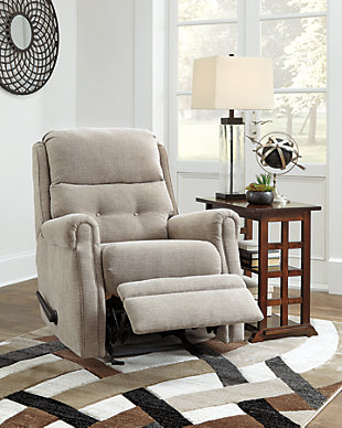 The chenille-textured Penzberg recliner grants you the resting power you deserve. Refined sizing saves space without sacrificing comfort. With just one pull, it reclines to the position of your liking. And talk about style. Gorgeous stone gray hue is accompanied by slim arms and button tufting on the lumbar cushion.One pull reclining motion | Corner-blocked frame with metal reinforced seat | High-resiliency foam cushion wrapped in thick poly fiber | Polyester upholstery