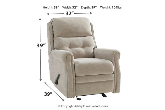 The chenille-textured Penzberg recliner grants you the resting power you deserve. Refined sizing saves space without sacrificing comfort. With just one pull, it reclines to the position of your li. And talk about style. Gorgeous stone gray hue is accompanied by slim arms and button tufting on the lumbar cushion.One pull reclining motion | Corner-blocked frame with metal reinforced seat | High-resiliency foam cushion wrapped in thick poly fiber | Polyester upholstery