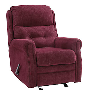 The chenille-textured Penzberg recliner grants you the resting power you deserve. Refined sizing saves space without sacrificing comfort. With just one pull, it reclines to the position of your liking. And talk about style. Gorgeous burgundy hue is accompanied by slim arms and button tufting on the lumbar cushion.One pull reclining motion | Corner-blocked frame with metal reinforced seat | High-resiliency foam cushion wrapped in thick poly fiber | Polyester upholstery