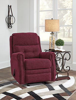 The chenille-textured Penzberg recliner grants you the resting power you deserve. Refined sizing saves space without sacrificing comfort. With just one pull, it reclines to the position of your liking. And talk about style. Gorgeous burgundy hue is accompanied by slim arms and button tufting on the lumbar cushion.One pull reclining motion | Corner-blocked frame with metal reinforced seat | High-resiliency foam cushion wrapped in thick poly fiber | Polyester upholstery
