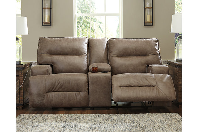 Hazenburg Power Reclining Loveseat With, Leather Reclining Sofa With Console