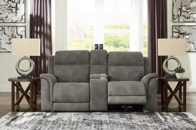 Next-Gen DuraPella Performance Fabric Dual Power Reclining Loveseat with Console, Slate