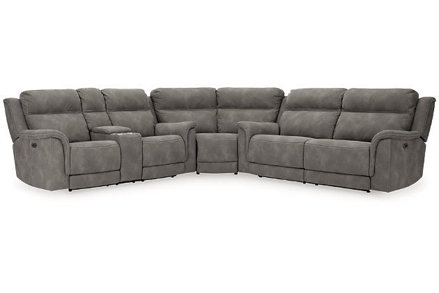 It’s time to rethink the way you relax—and time to experience the joys of this power reclining sectional. Taking a fashion-forward approach to the art of relaxation, the Next-Gen DuraPella sectional—with a one-touch power control and an energy-efficient USB plug-in—will elevate your style and raise your standard of living. Its zero-gravity mechanism lifts the ottoman higher than traditional recliners to improve circulation. And talk about low maintenance. This designer sectional is wrapped in durable, water-repellent upholstery that's family- and pet-friendly.Includes 3 pieces: power reclining loveseat, power reclining sofa and wedge | One-touch power control with adjustable positions, Easy View™ adjustable headrest and zero-draw USB plug-in | Zero-draw technology only consumes power when the USB receptacle is in use | Corner-blocked frame with metal reinforced seat | Attached back and seat cushions | High-resiliency foam cushions wrapped in thick poly fiber | Zero-gravity mechanism (raises the ottoman for improved circulation) | Extended ottoman for enhanced comfort | Water-repellent polyester/polyurethane (faux leather) upholstery | Power cord included; UL Listed | Estimated Assembly Time: 55 Minutes