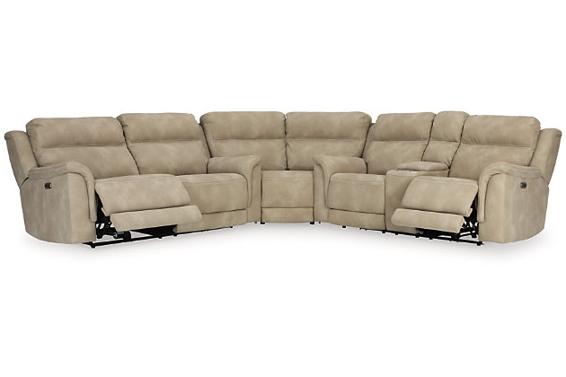 It’s time to rethink the way you relax—and time to experience the joys of the Next-Gen Durapella power reclining sectional. Taking a fashion-forward approach to the art of relaxation, the sectional—with a one-touch power control and an energy-efficient USB plug-in—will elevate your style and raise your standard of living. Its zero-gravity mechanism lifts the ottoman higher than traditional recliners to improve circulation. And talk about low maintenance. This designer sectional is wrapped in durable, water-repellent upholstery that's family- and pet-friendly.Includes 3 pieces: power reclining loveseat, power reclining sofa and wedge | One-touch power control with adjustable positions, Easy View™ adjustable headrest and zero-draw USB plug-in | Zero-draw technology only consumes power when the USB receptacle is in use | Corner-blocked frame with metal reinforced seat | Attached back and seat cushions | High-resiliency foam cushions wrapped in thick poly fiber | Zero-gravity mechanism (raises the ottoman for improved circulation) | Extended ottoman for enhanced comfort | Water-repellent polyester/polyurethane (faux leather) upholstery | Power cord included; UL Listed | Estimated Assembly Time: 55 Minutes