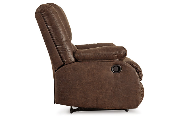 Make a big impression in a smaller footprint with the chic styling of the Bladewood zero wall recliner. Thanks to its space-conscious design that requires a mere three inches between the wall and chair back, you can stretch out more efficiently. Wrapped in a fabulous faux leather loaded with pebbly texture and tonal variation that looks so natural, this designer recliner sports contoured tufting and contrasting baseball stitching for a style home run.Pull tab reclining motion | Zero wall design requires minimal space between wall and chair back | Corner-blocked frame with metal reinforced seat | Attached cushions | High-resiliency foam cushions wrapped in thick poly fiber | Polyester/polyurethane upholstery